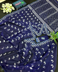 Navy blue jamdani saree with silver jori work soft threads all over work.