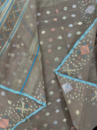 Dull Brown dhakai jamdani saree with golden silver & copper jori work all over work soft count