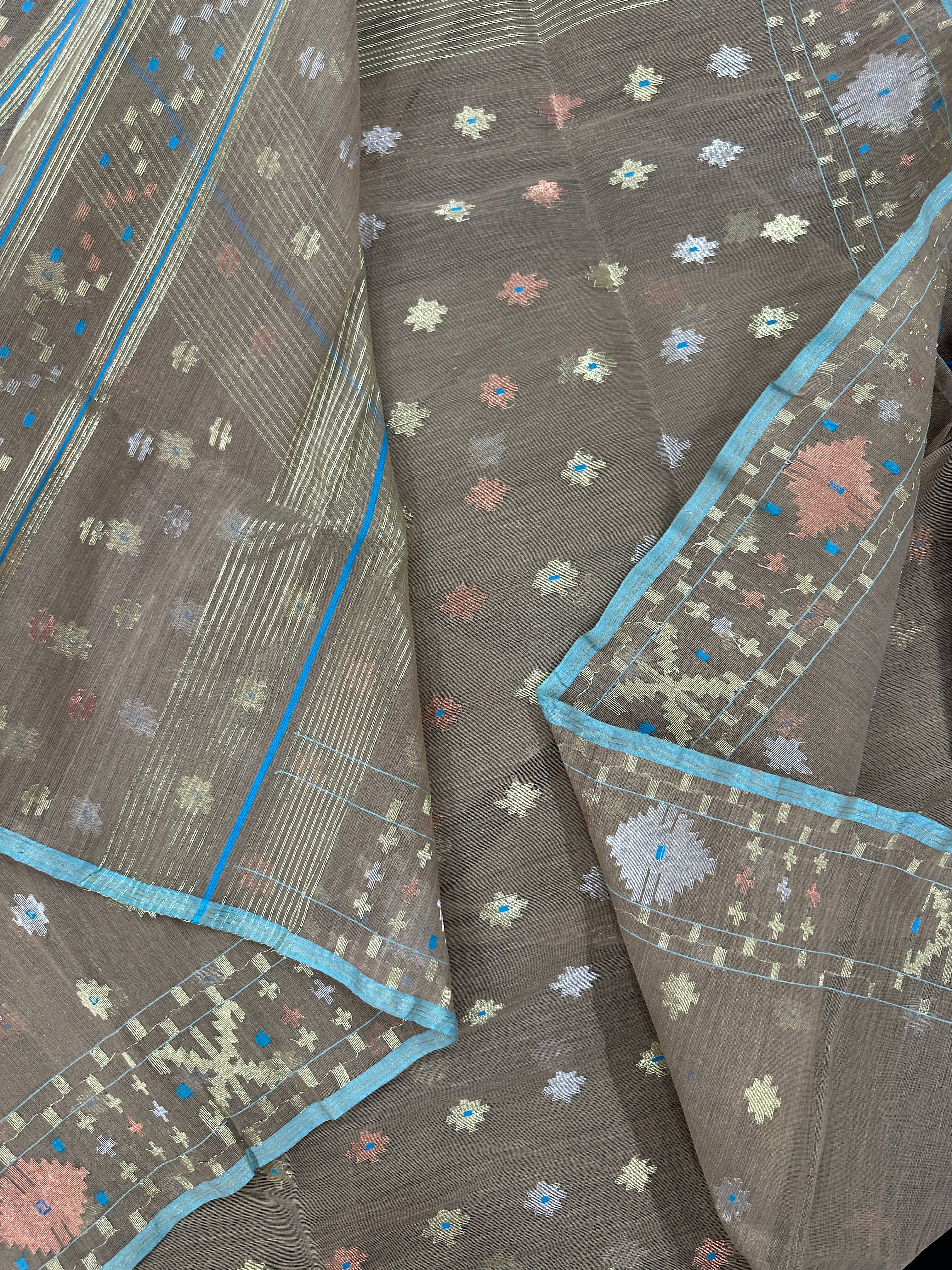 Dull Brown dhakai jamdani saree with golden silver & copper jori work all over work soft count