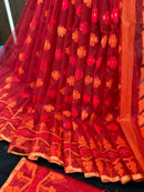 Maroon red jamdani saree with orange and red threads work