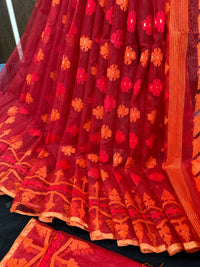 Maroon red jamdani saree with orange and red threads work