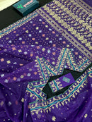Violate purple jamdani saree all over golden silver and copper jori work.
