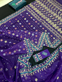 Violate purple jamdani saree all over golden silver and copper jori work.