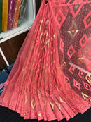 Georgia peach halfsilk jamdani saree with self threads work and golden jori work