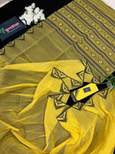 Yellow cotton jamdani sari with simple paar.