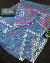 Dusty blue jamdani saree with pink white blue green work and white paar.