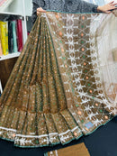 Mehendi Brown Original Handloom Halfsilk Dhakai Jamdani Sarww With Silver Jori Work & Orange Threads Work
