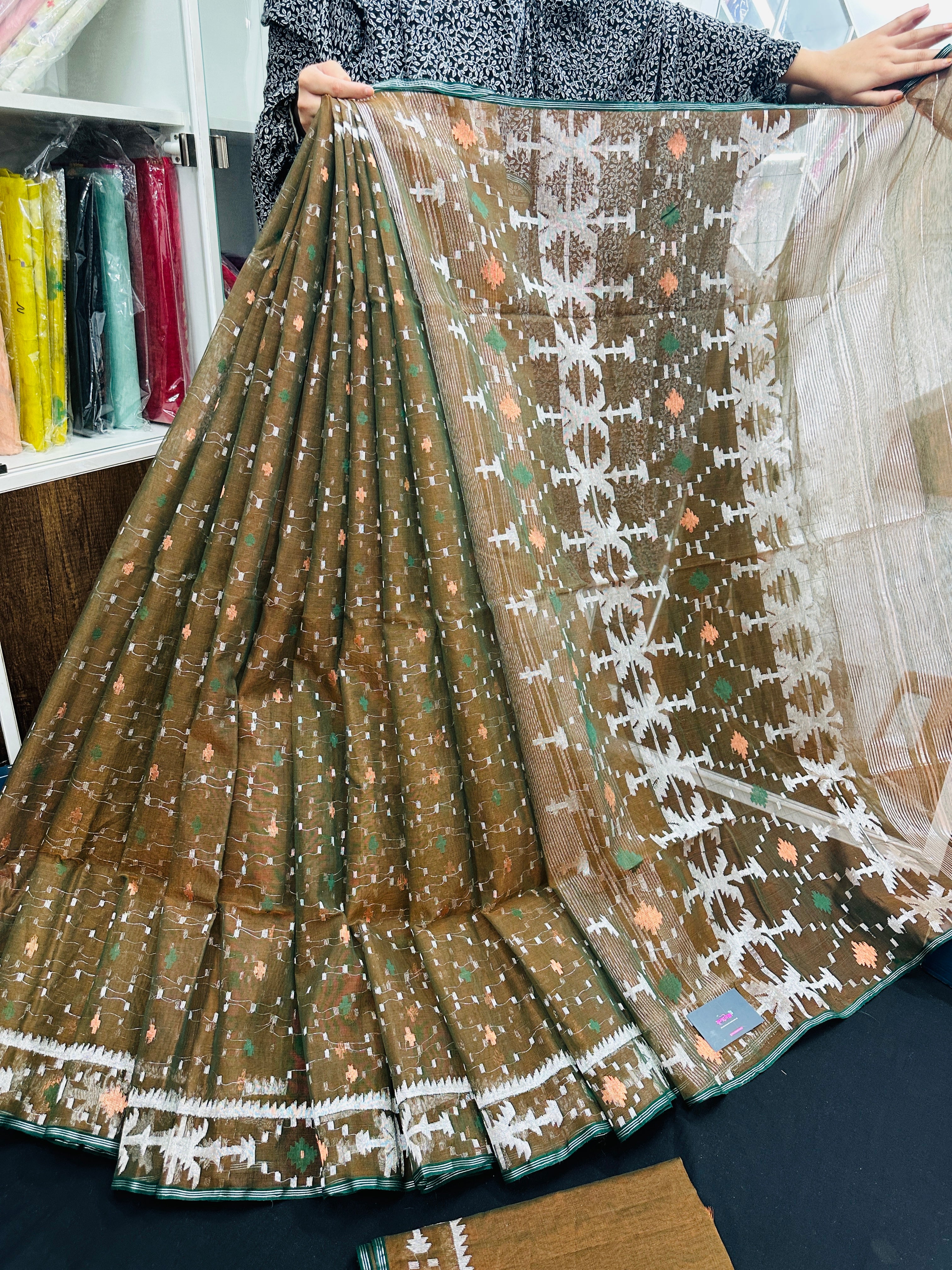 Mehendi Brown Original Handloom Halfsilk Dhakai Jamdani Sarww With Silver Jori Work & Orange Threads Work