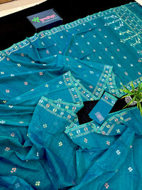 Sea green budget range jamdani saree with golden silver & copper jori work.