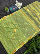 Olive green halfsilk jamdani saree with orange and olive threads work