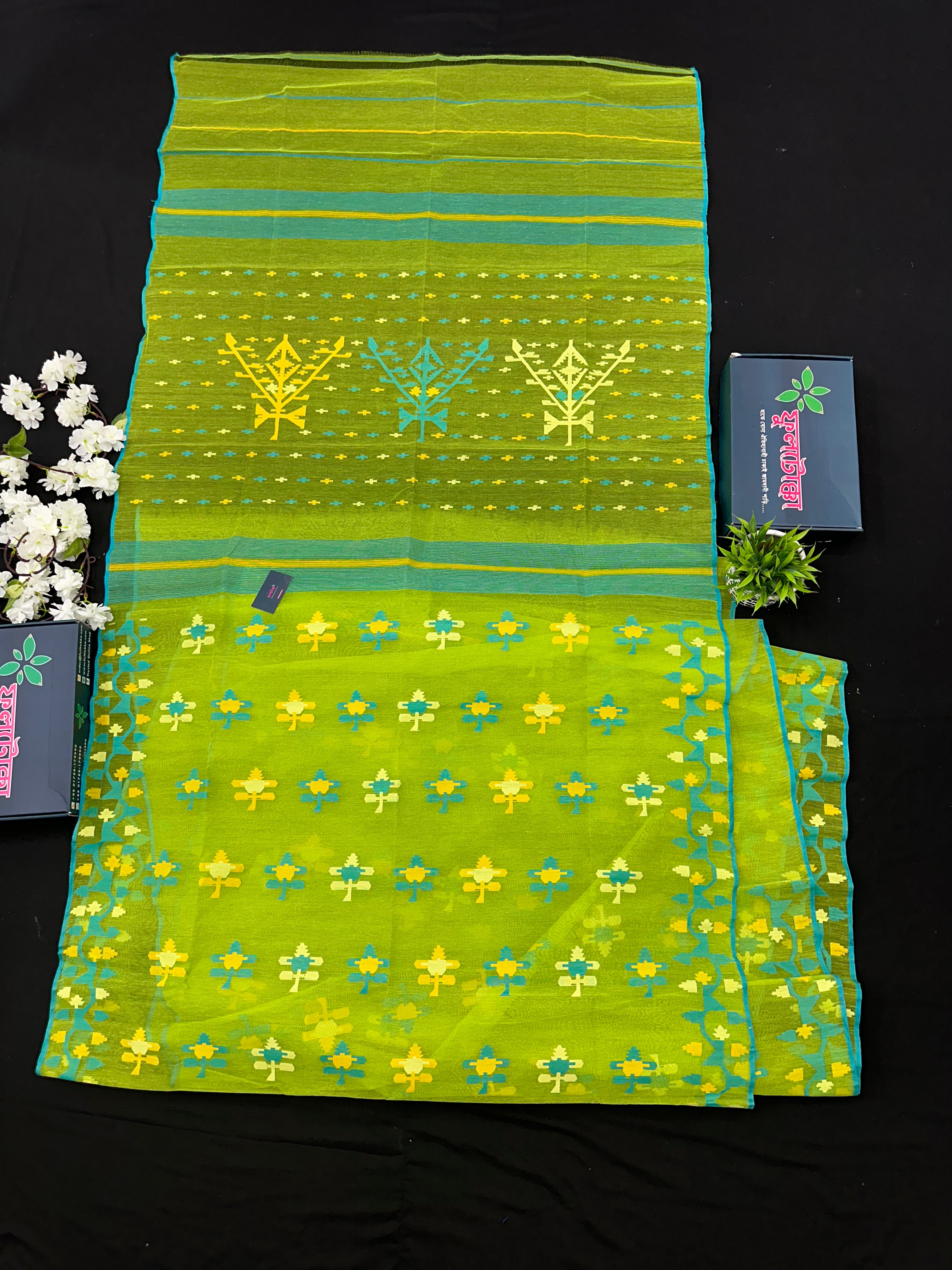 Lamon Green Original  Handloom Halfsilk Dhakai Jamdani Saree With Multiple Threads Work