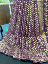 Dark bitrut dual toned exclusive halfsilk jamdani saree with golden silver & copper jori work