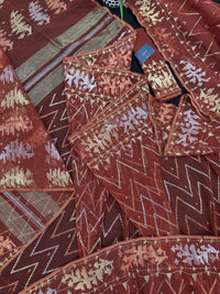 Brown reshom halfsilk jamdani saree with golden silver & copper jori work.