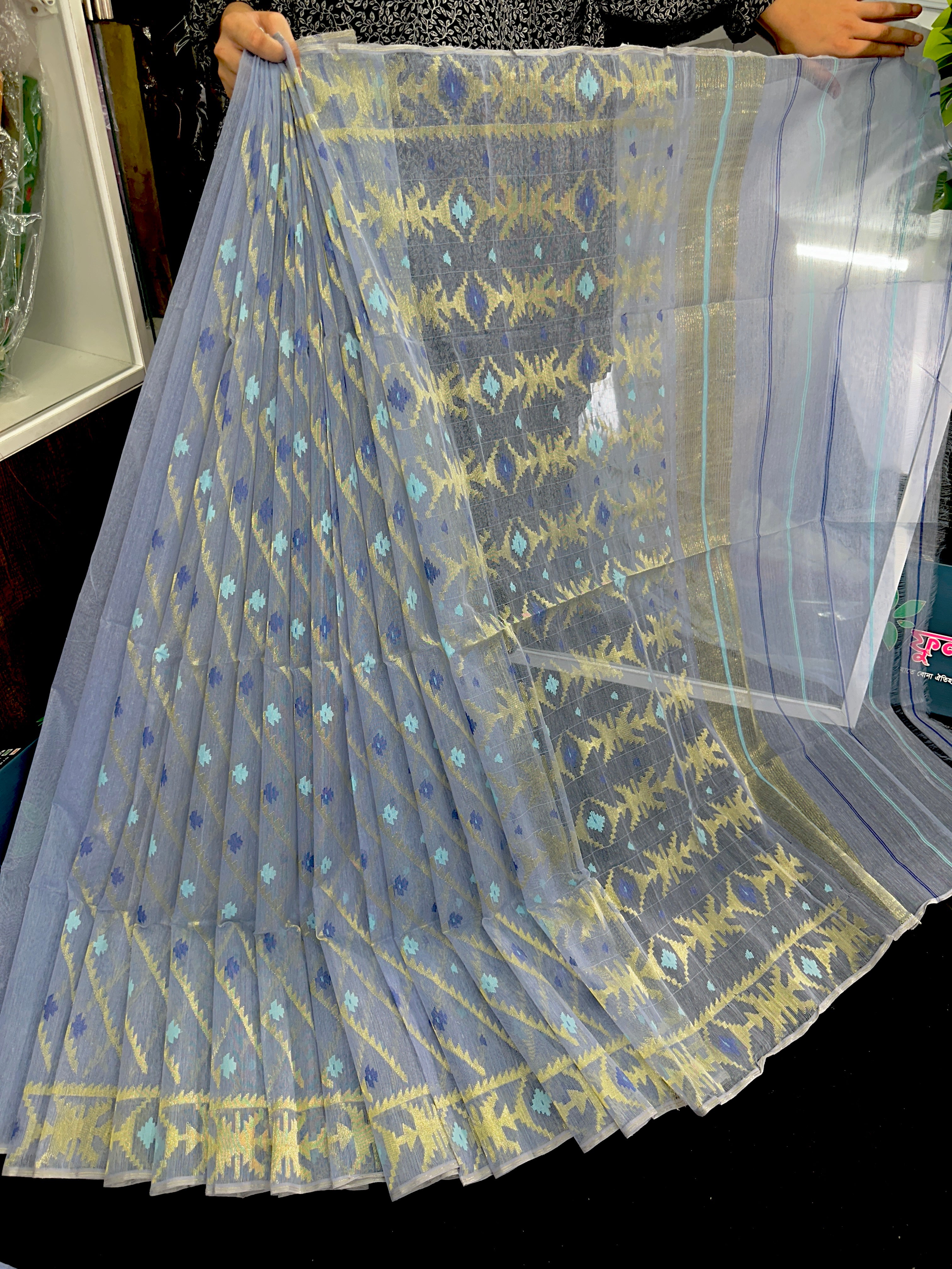 Surma colour halfsilk jamdani saree with golden jori work and blue threads work