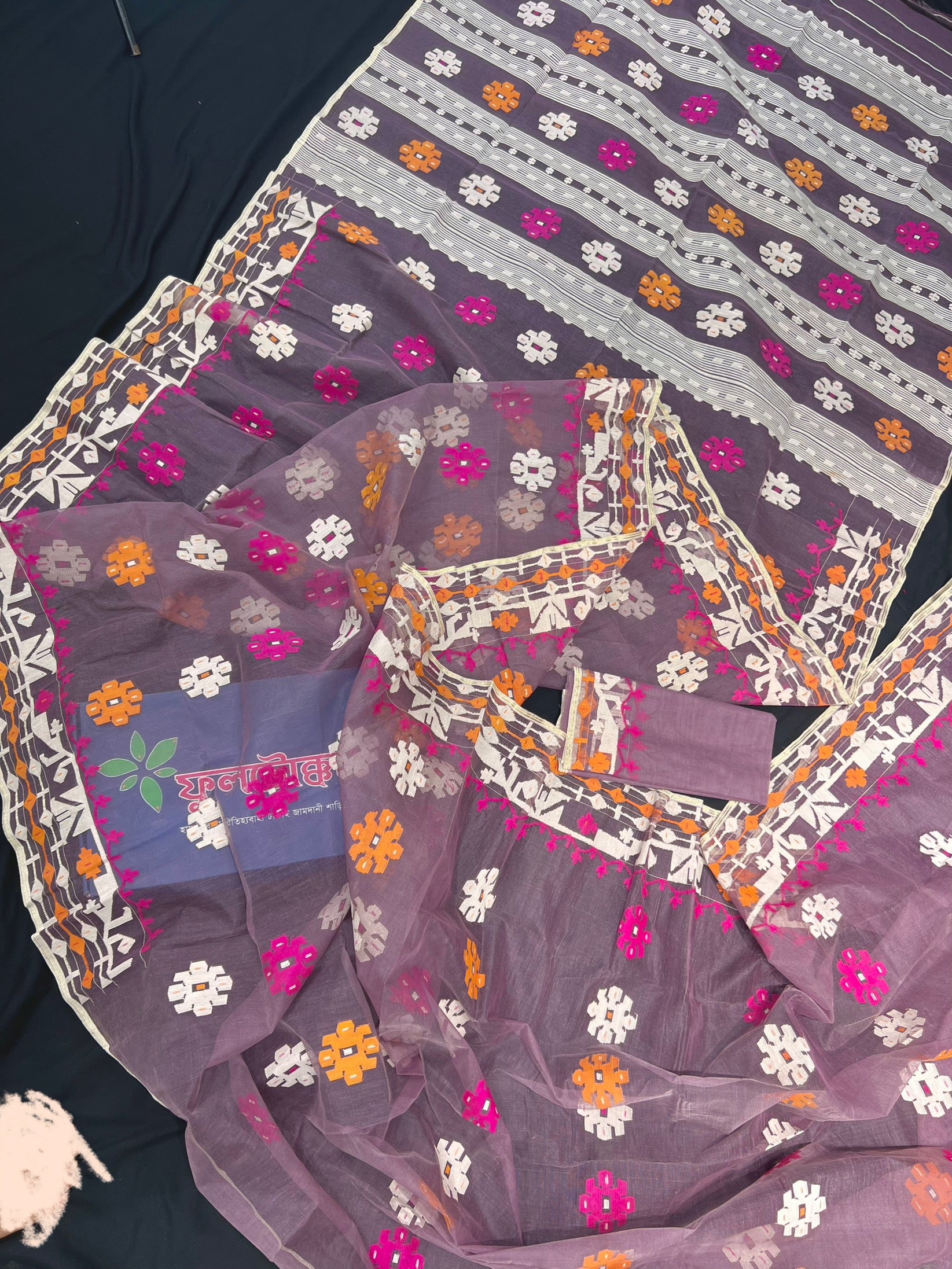 Onion pink halfsilk jamdani saree with pink orange white threads work