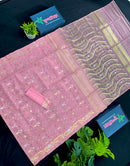 Nion pink halfsilk jamdani saree with golden silver jori work and pink threads work