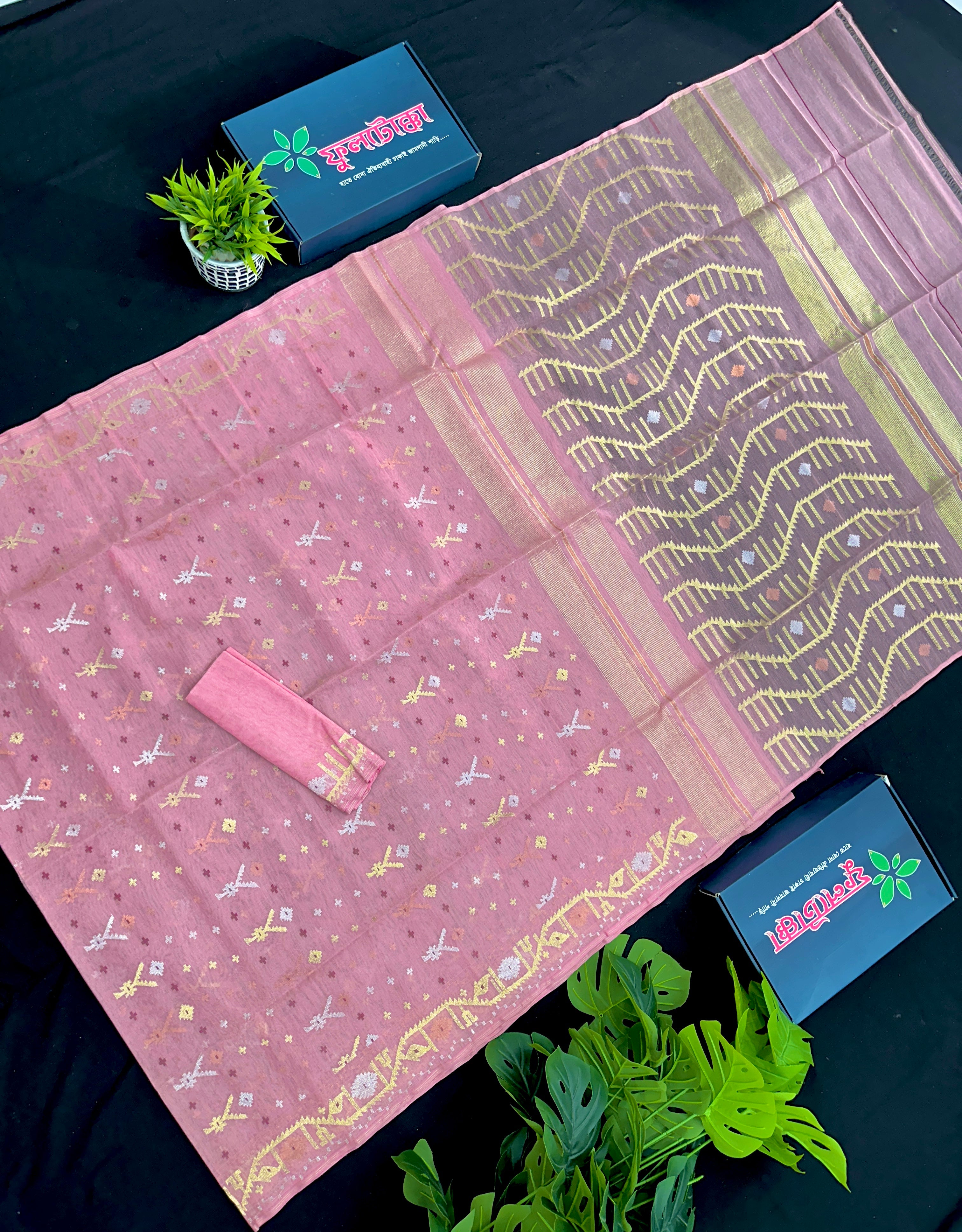 Nion pink halfsilk jamdani saree with golden silver jori work and pink threads work