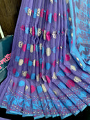 Orchid purple halfsilk jamdani saree with white pink blue threads work