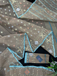 Dull Brown dhakai jamdani saree with golden silver & copper jori work all over work soft count