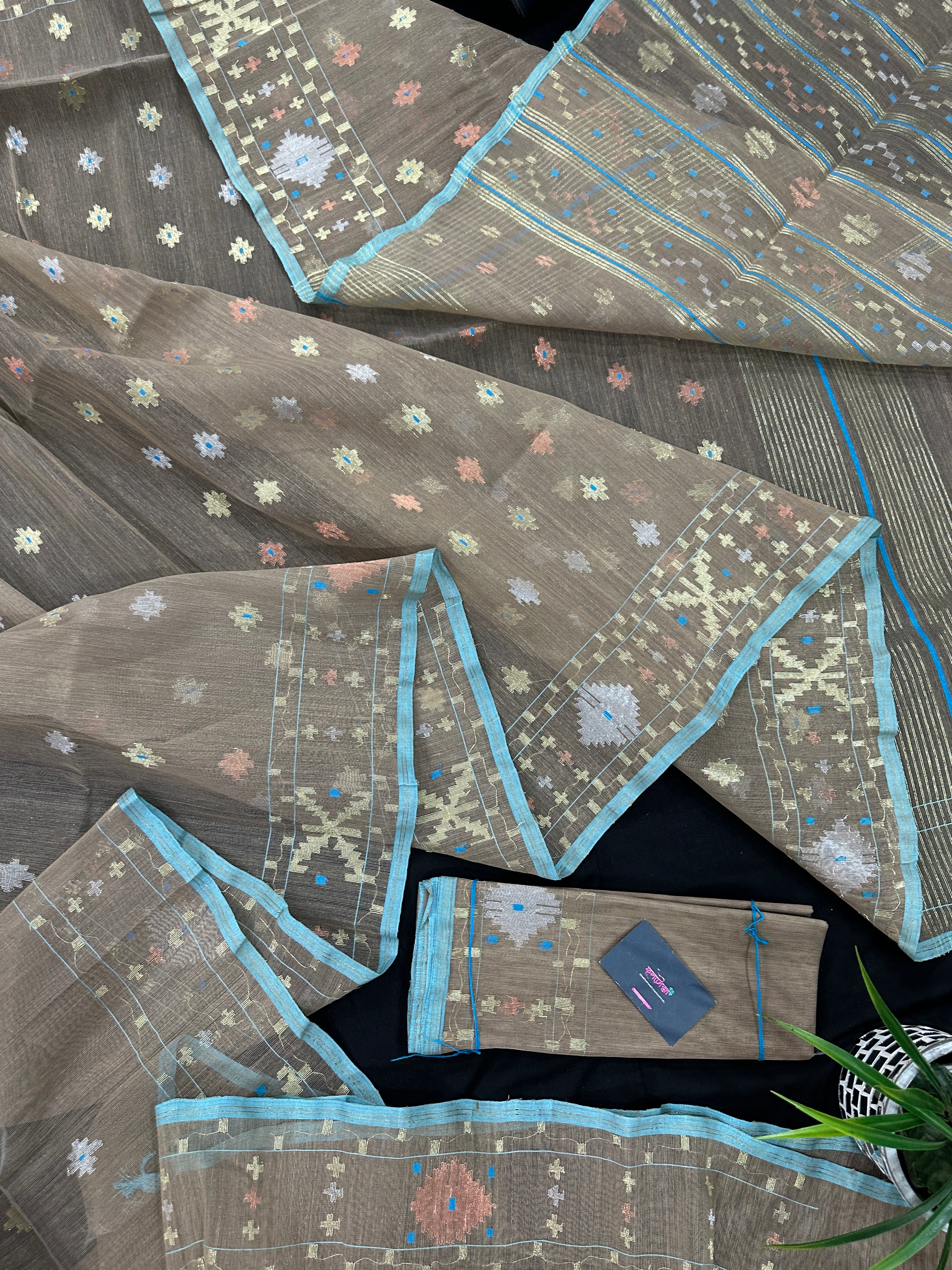 Dull Brown dhakai jamdani saree with golden silver & copper jori work all over work soft count