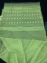 Olive Green Original Handloom Halfsilk Dhakai Jamdani Saree With Self Threads Work & Golden Jori Work