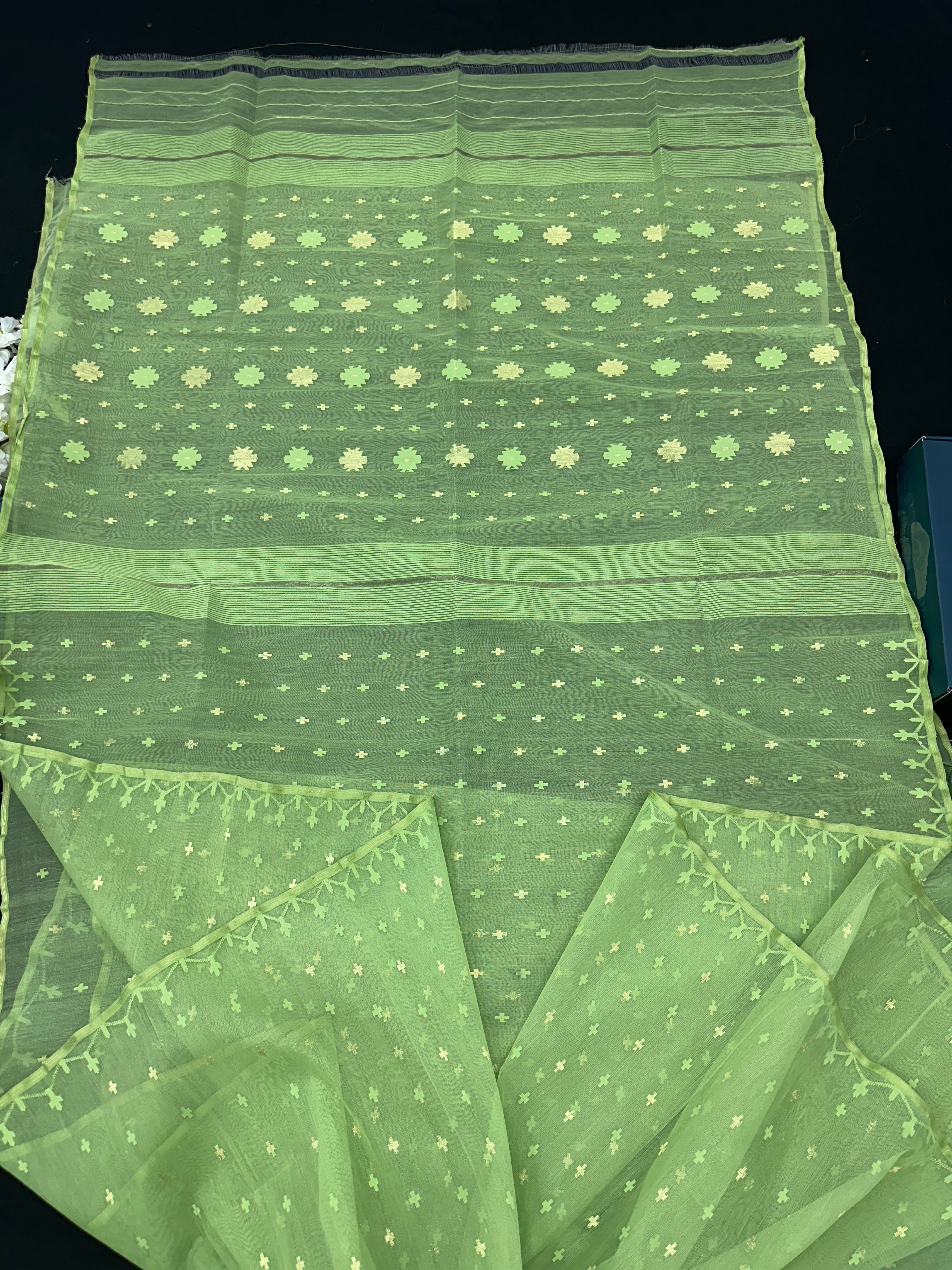 Olive Green Original Handloom Halfsilk Dhakai Jamdani Saree With Self Threads Work & Golden Jori Work