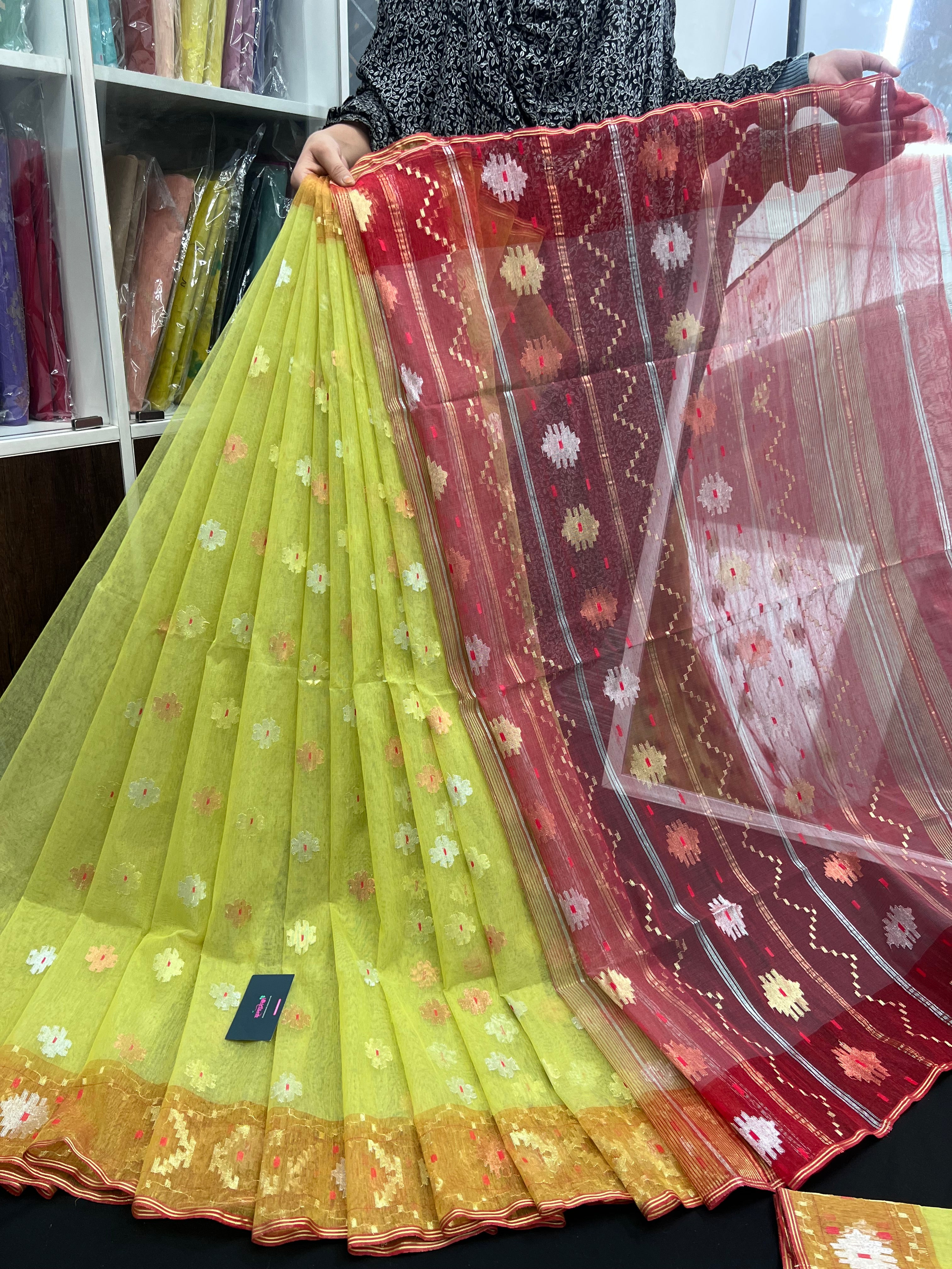 Green & Orange Colour Original Handloom Halfsilk Dhakai Jamdani With Golden Silver & Copper Jori Work