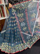 Surma Ash halfsilk jamdani saree with golden silver copper jori work and red border