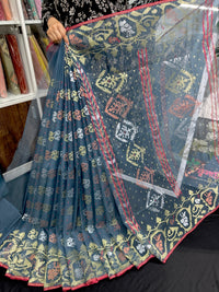 Surma Ash halfsilk jamdani saree with golden silver copper jori work and red border