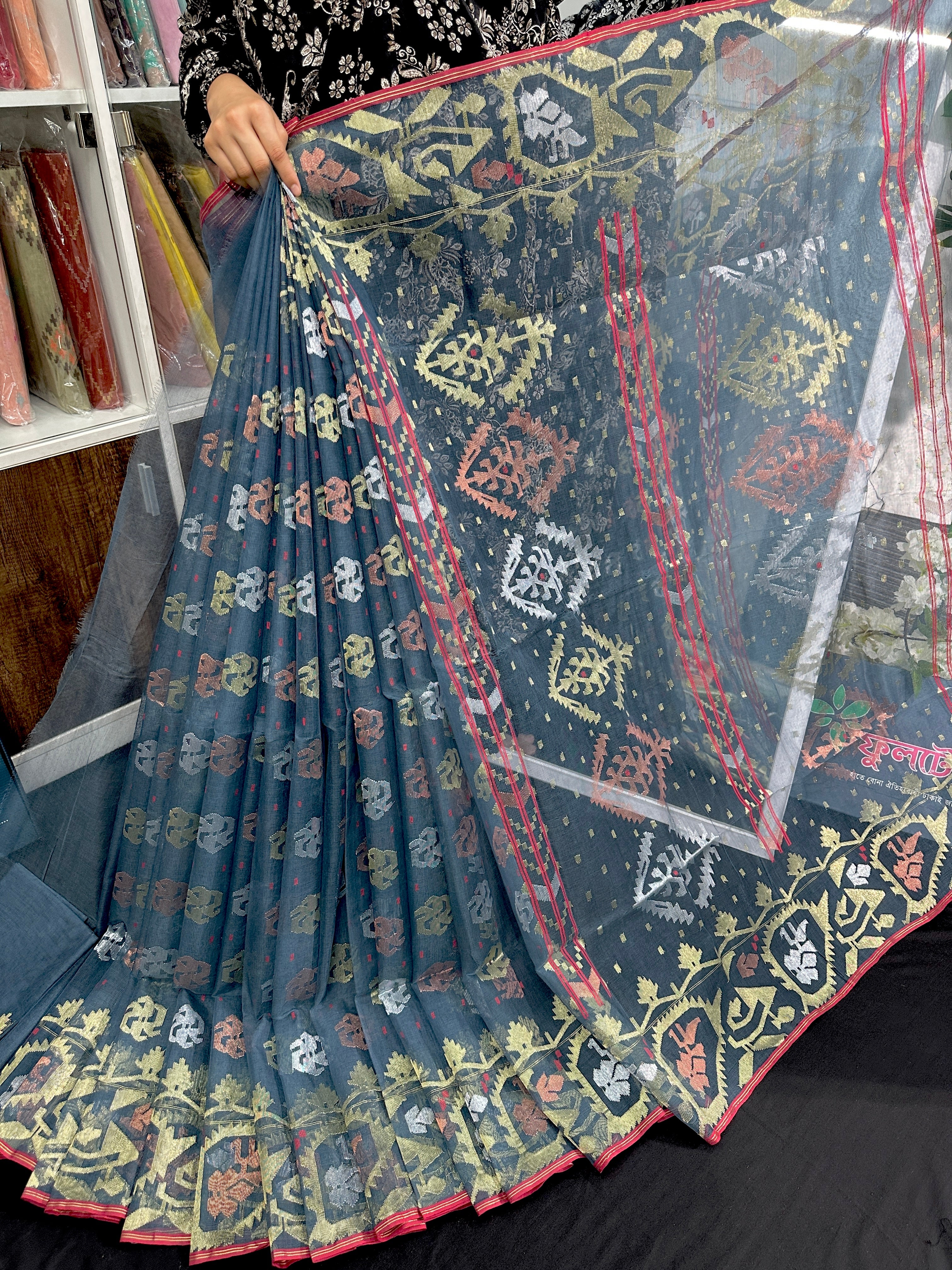 Surma Ash halfsilk jamdani saree with golden silver copper jori work and red border