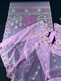 Lux Pink Original Handloom Hslfsilk Dhakai Jamdani Saree With Golden Jori Work and Magenta Threads Work