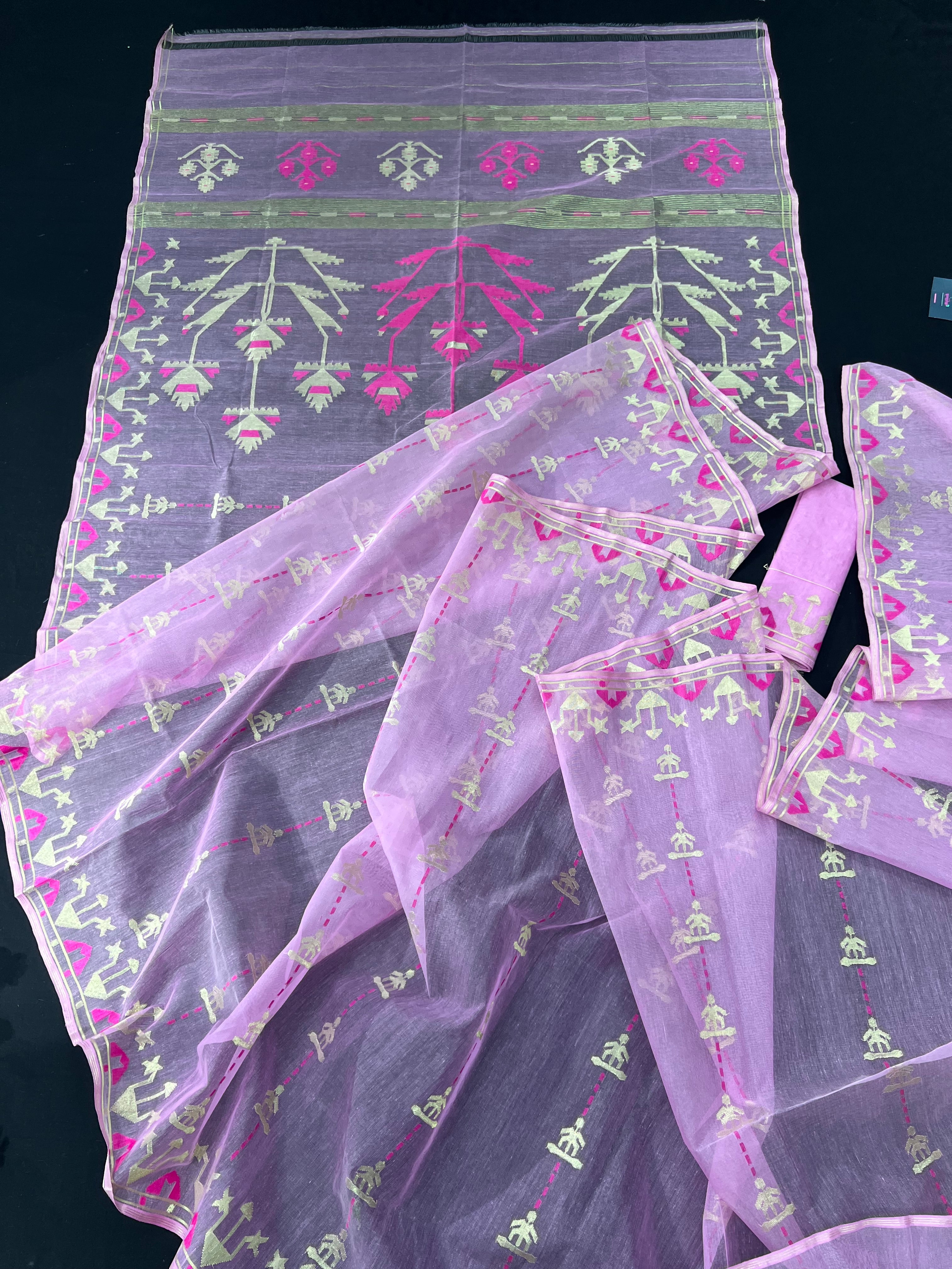 Lux Pink Original Handloom Hslfsilk Dhakai Jamdani Saree With Golden Jori Work and Magenta Threads Work
