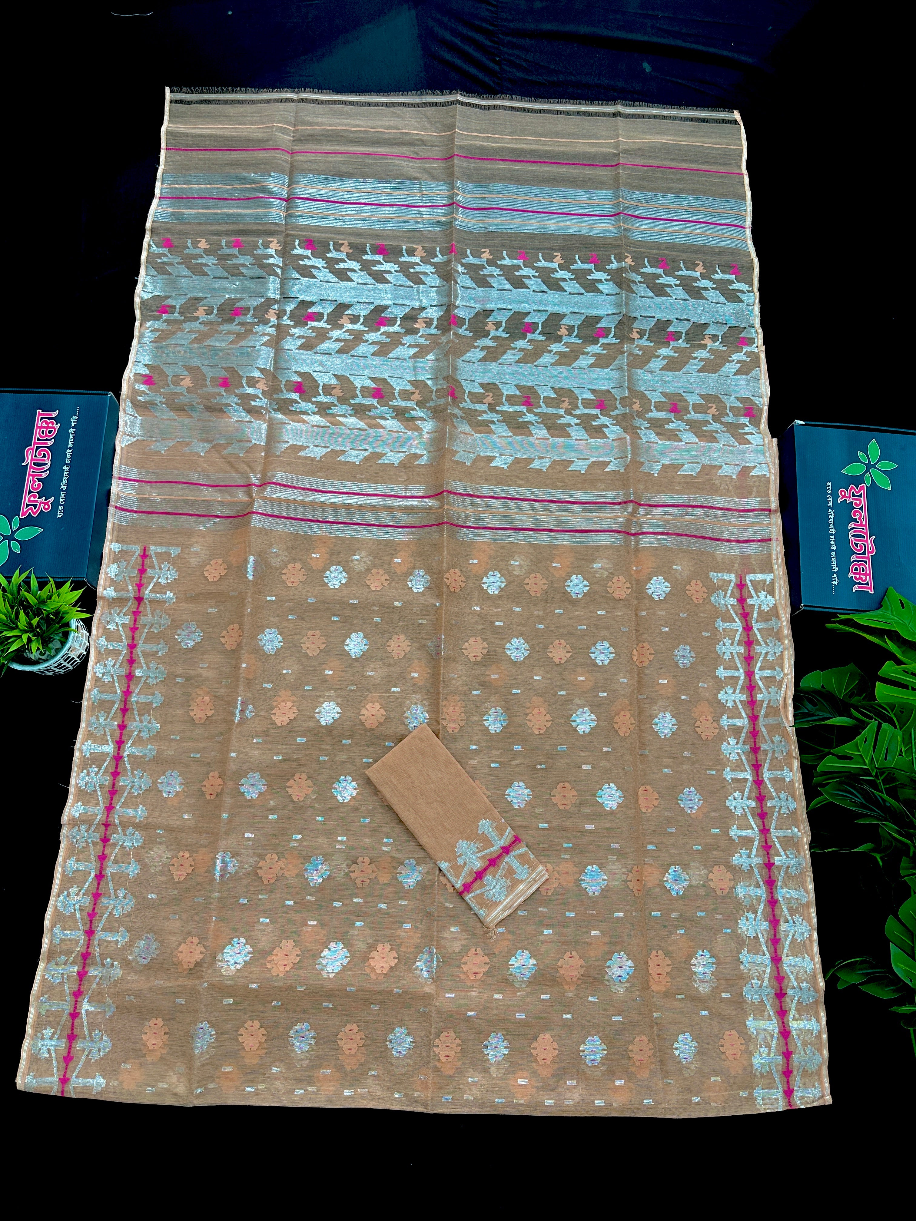 Peach halfsilk jamdani saree with silver jori work and pink peach threads work