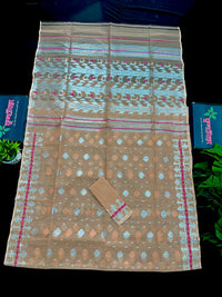 Peach halfsilk jamdani saree with silver jori work and pink peach threads work