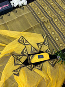 Yellow cotton jamdani sari with simple paar.