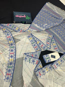 White cotton jamdani saree with blue yellow red green threads work& blouse piece.