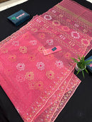 Peach pink jamdani saree with golden silver & copper jori work.