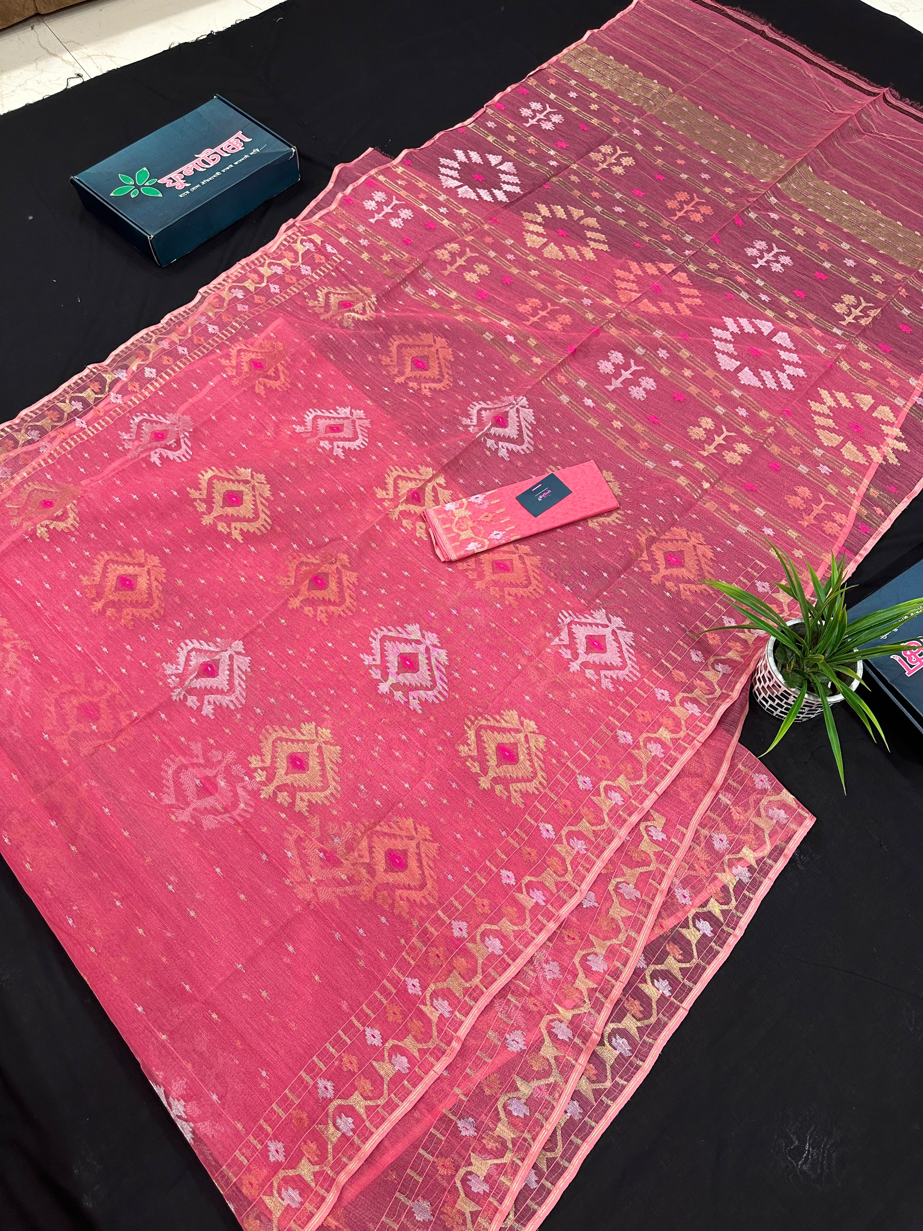 Peach pink jamdani saree with golden silver & copper jori work.