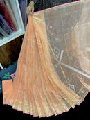 Peach colour halfsilk jamdani saree with golden silver & copper jori work