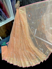 Peach colour halfsilk jamdani saree with golden silver & copper jori work