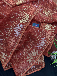 Brown reshom halfsilk jamdani saree with golden silver & copper jori work.