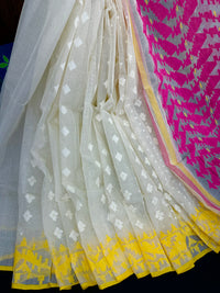 White gonga jamuna cotton jamdani saree with pink paar