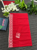 Red cotton jamdani saree with white threads work