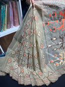Dark olive halfsilk jamdani saree with orange off white coffe threads work