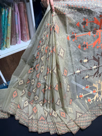 Dark olive halfsilk jamdani saree with orange off white coffe threads work