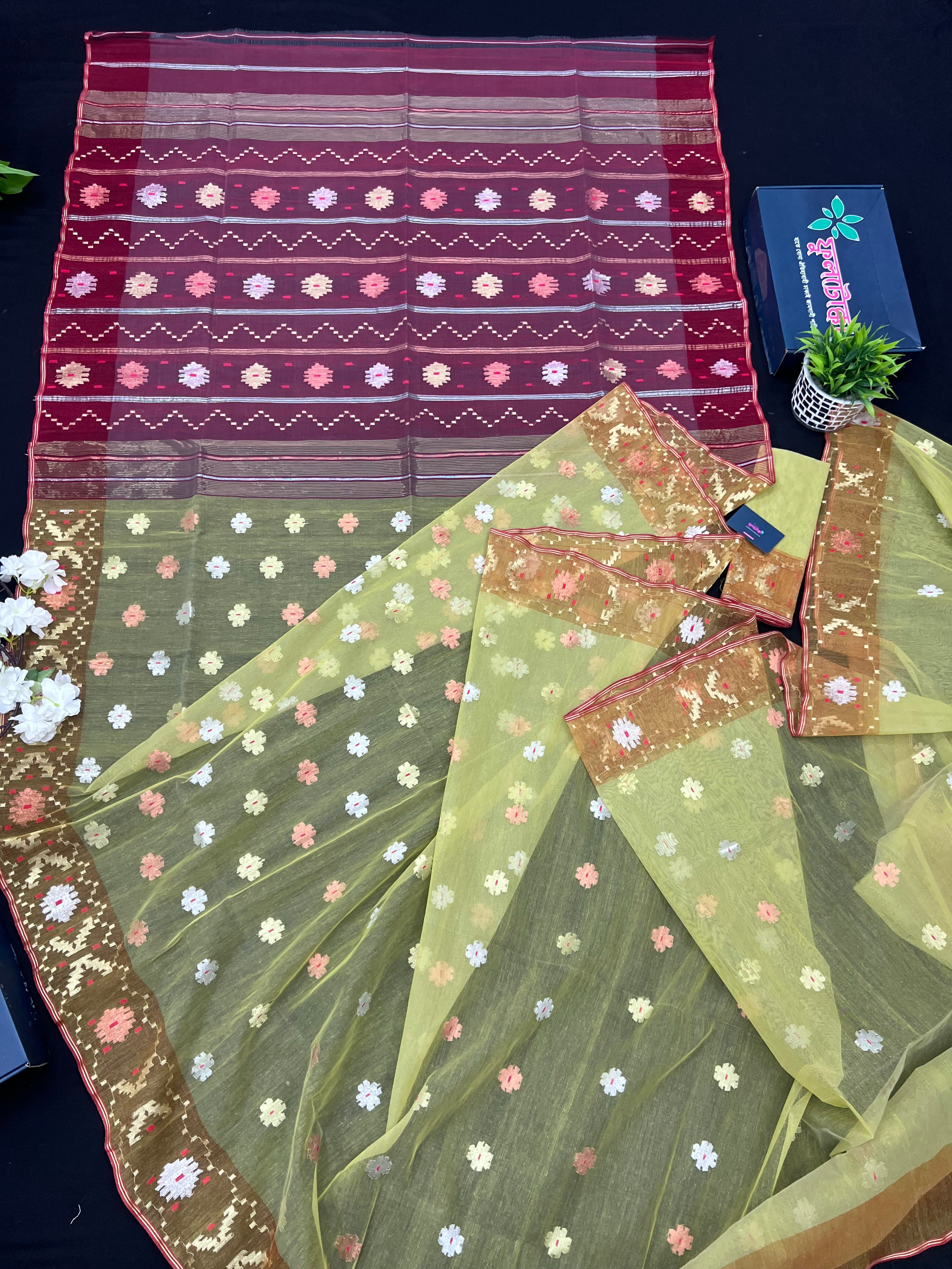 Green & Orange Colour Original Handloom Halfsilk Dhakai Jamdani With Golden Silver & Copper Jori Work