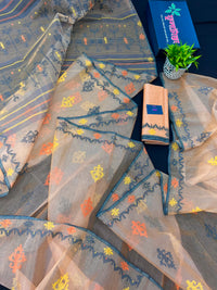Lite Orange Original Handloom Halfsilk Dhakai Jamdani Saree With Multiple Threads Work