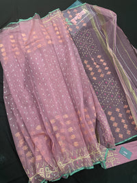 Onion colour jamdani saree with pink meena and green border.