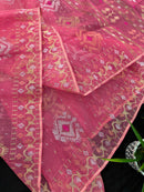 Peach pink jamdani saree with golden silver & copper jori work.