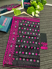 Black cotton jamdani saree with magenta threads work and silver jori work